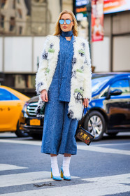 AUTUMN WINTER 2016-2017, AW 16-17, blue denim, blue heels, blue pants, blue scarf, blue top, denim pants, denim top, FALL WINTER 2016-2017, fashion week, frenchystyle, full length, fur coat, FW, FW 16-17, high heels, jeans, jonathan paciullo, leather shoes, louis vuitton, mirror effect, NEW YORK, NYFW, street style, sunglasses, trousers, vertical, white coat, white fur, white socks, wide pants, woman