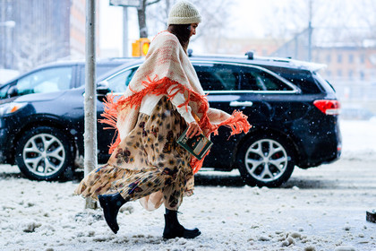 atmosphere details, AUTUMN WINTER 2017-2018, AW 17-18, beige skirt, black boots, embroidered bag, FALL WINTER 2017-2018, fashion week, frenchystyle, full length, FW, FW 17-18, graphic bag, horizontal, jonathan paciullo, laure heriard dubreuil, leather boots, NEW YORK, NYFW, olympia le tan, printed bag, printed skirt, red dress, street style, white beanie, white sweater