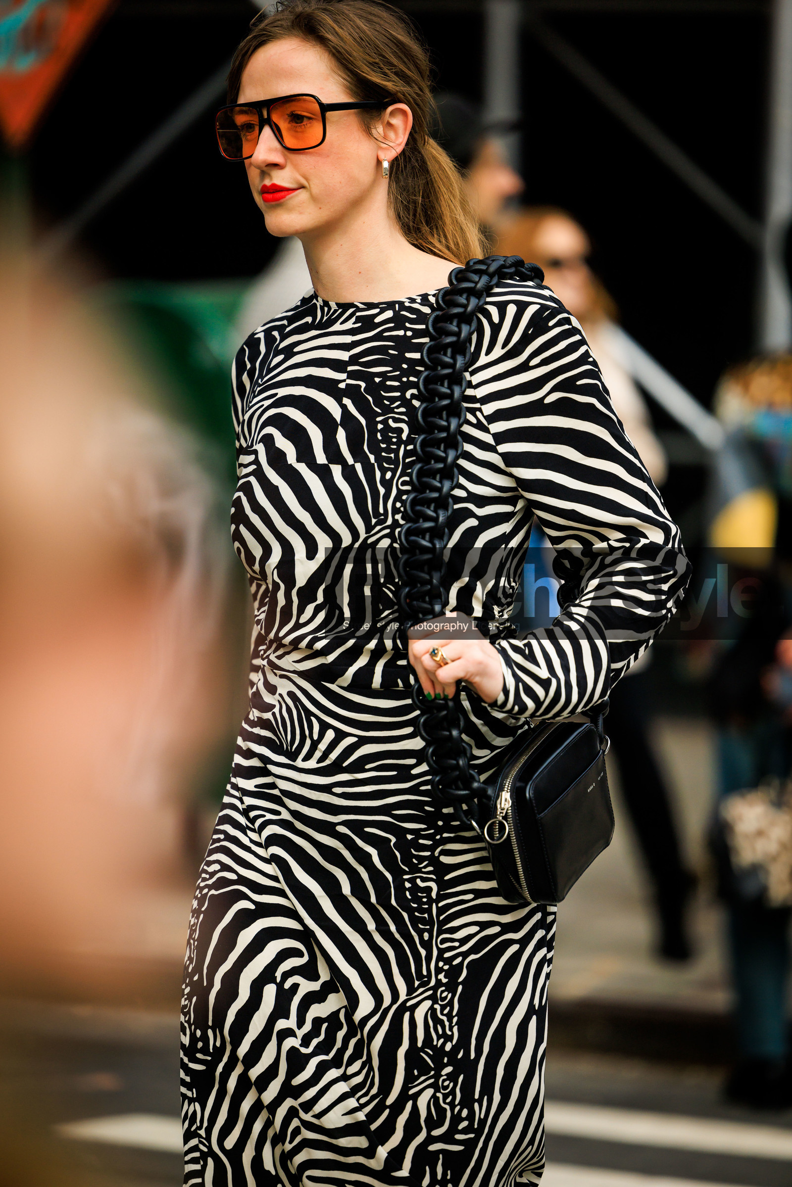70s sunglasses, zebra printed dress, animal print dress, small black hangbag, red lops, fashion week, frenchystyle, FW, jonathan paciullo, street style, NYFW, NEW YORK, AUTUMN WINTER 2022-2023, FALL WINTER 2022_2023, FW 22-23, vertical, atmosphere details