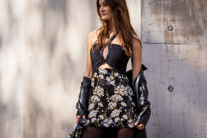 bag, black bag, black coat, black dress, coat, dress, floral print, flower, leather coat, mini skirt, Ophélie Guillermand, printed dress, fashion week, frenchystyle, FW, jonathan paciullo, street style, PFW, PARIS, SPRING SUMMER 2022, SS 22, atmosphere details, horizontal