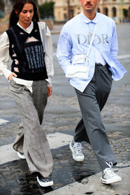 alice & j.s, alice barbier, JS roques, black pullover, striped pullover, sleeveless pullover, white shirt, striped shirt, dior bag, dior pullover, dior shirt, dior strap bag, dior pants, dior total look, dior shoes, grey pants, checked pants, plaid pants, loose pants, monogrammed shoes, monogrammed sneakers, grey sneakers, grey shoes, light blue shirt, white leather bag, crossbody bag, embroidered shirt, logo printed shirt, animal skin bag, fashion week, frenchystyle, FW, jonathan paciullo, street style, PFW, PARIS, SPRING SUMMER 2021, SS 21, vertical, atmosphere details, detail