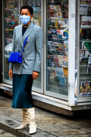 checked jacket, blue jacket, blue skirt, blue leather bag, crossbody bag, max mara bag, golden necklace, big chain necklace, mid long skirt, silk skirt, satin skirt, high boots, white leather boots, covid face mask, tamu mcpherson, street style, jonathan paciullo, FW, frenchystyle, fashion week, MFW, MILAN, SPRING SUMMER 2021, SS 21, vertical, full length