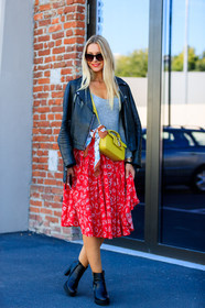 black jacket, black perfecto, black shoes, fashion week, floral, flowers, frenchystyle, full length, FW, graphic skirt, grey top, high heels, jonathan paciullo, leather bag, leather perfecto, leather shoes, MFW, MILAN, over the shoulder, printed skirt, red skirt, SPRING SUMMER 2018, SS 18, street style, sunglasses, vertical, yellow bag