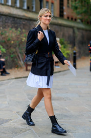 black jacket, belted jacket, pleated skirt, black and white look, mini skirt, black leather bag, wandler bag, shoulder bag, black leather boots, laced boots, fashion week, frenchystyle, FW, jonathan paciullo, street style, vertical, full length