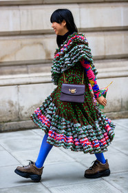 brown shoes, graphic dress, leather bag, leather shoes, multicolor dress, polka dot, printed dress, purple bag, ruffles, susie lau, tights, wedges, street style, jonathan paciullo, FW, frenchystyle, fashion week, LFW, LONDON, AUTUMN WINTER 2019-2020, AW 19-20, FW 19-20, FALL WINTER 2019-2020, vertical, full length