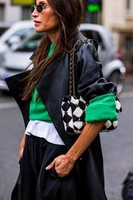 bag, bicolor bag, black and white bag, black coat, black pants, chanel bag, Chloé Harrouche, coat, green sweater, leather coat, pants, sweater, fashion week, frenchystyle, FW, jonathan paciullo, street style, PFW, PARIS, SPRING SUMMER 2022, SS 22, vertical, atmosphere details