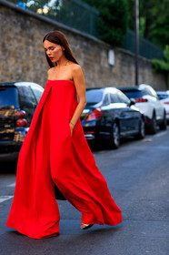 red jumpsuit, trousers, valentino, PFW, fashion week, frenchystyle, FW, jonathan paciullo, street style, PARIS, vertical, full length, AUTUMN WINTER 2018-2019, FALL WINTER 2018-2019, FW 18-19, evangelie smyrniotaki