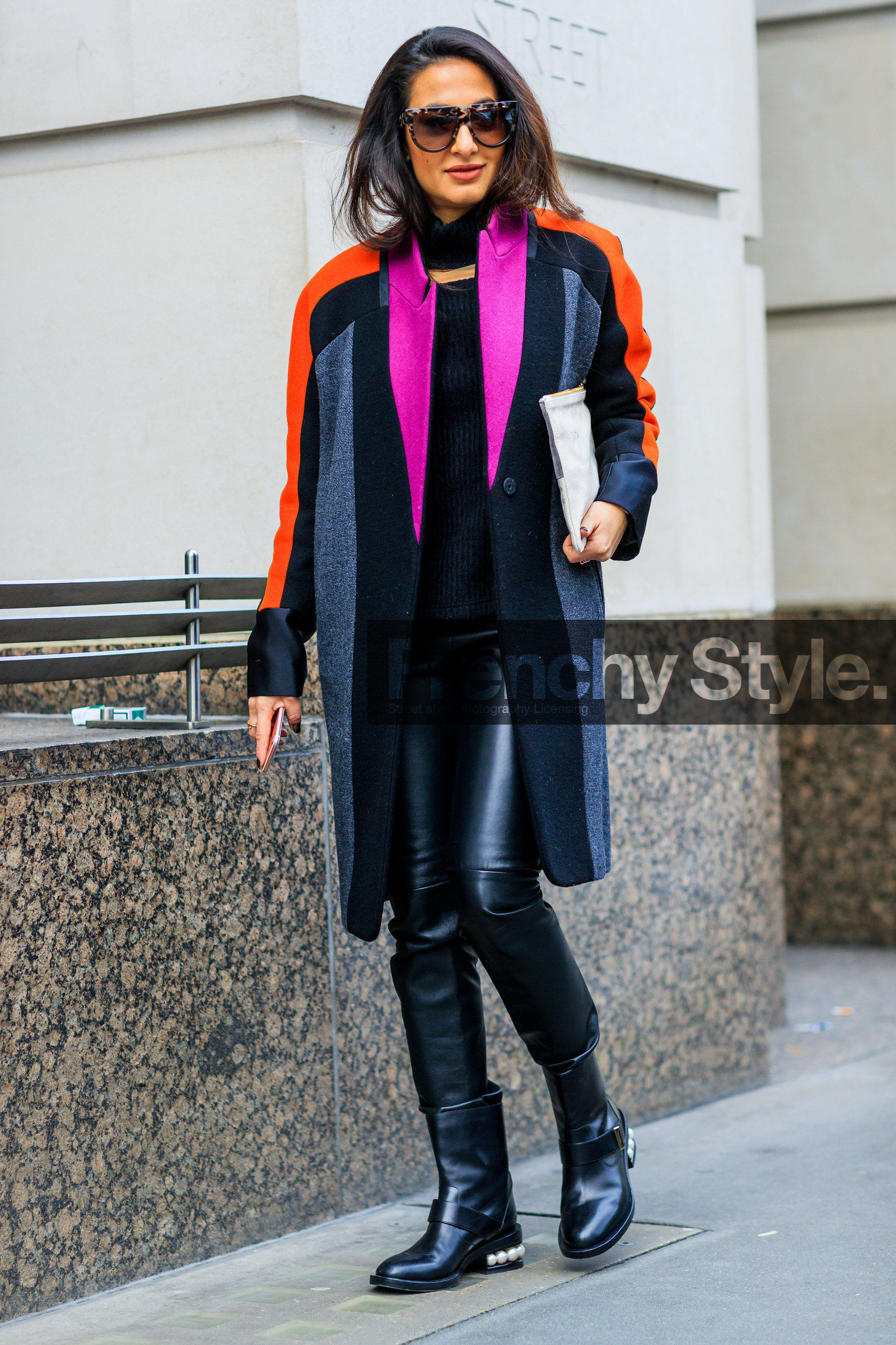 AUTUMN WINTER 2017-2018, AW 17-18, black leggings, black pants, black shoes, black sweater, FALL WINTER 2017-2018, fashion week, frenchystyle, full length, FW, FW 17-18, graphic coat, high boots, jonathan paciullo, leather bag, leather clutch, leather pants, leather shoes, LFW, LONDON, multicolor jacket, nausheen shah, patchwork, pearls, printed coat, street style, sunglasses, trousers, vertical, white clutch