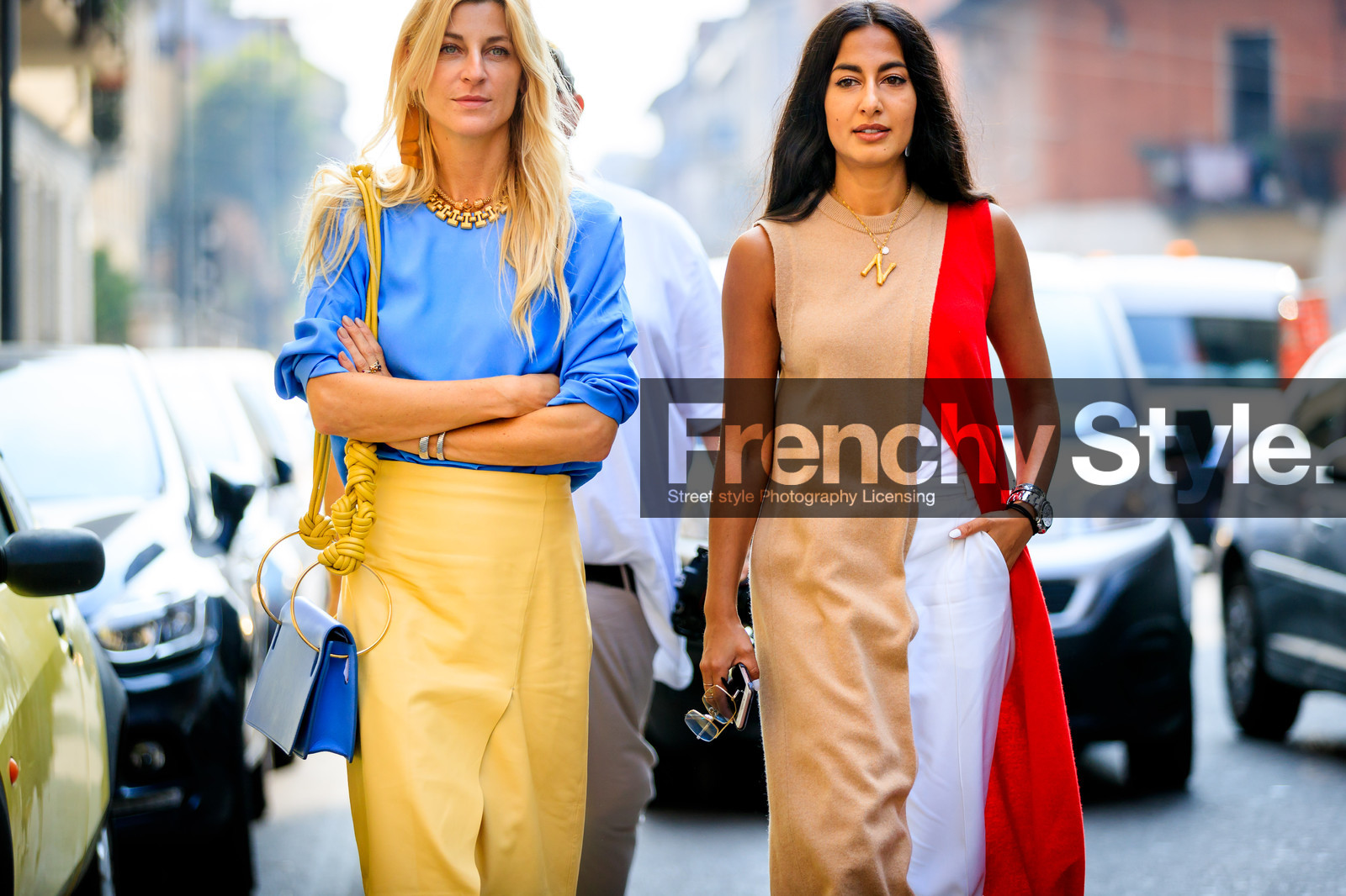 ada kokosar, blue bag, blue top, bracelet, bulgari, earrings, leather bag, necklace, watch, yellow skirt, beige dress, graphic dress, nausheen shah, necklace, printed dress, red dress, watch, fashion week, frenchystyle, FW, jonathan paciullo, street style, MFW, MILAN, SPRING SUMMER 2019, SS 19, atmosphere details, horizontal, detail