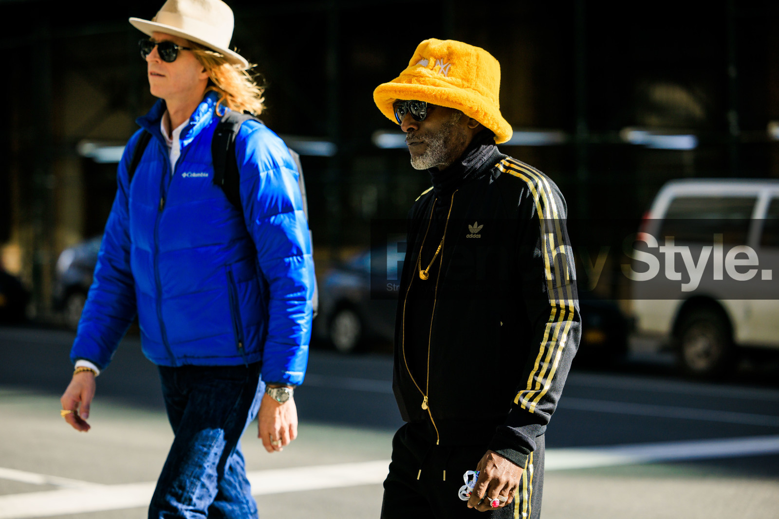sun glasses, adidas full look, adidas, furry yellow bucket hat, sporty, close up, black adidas sweat, puffy blue jacket, grey hat, fashion week, frenchystyle, FW, jonathan paciullo, street style, NYFW, NEW YORK, AUTUMN WINTER 2022-2023, FALL WINTER 2022_2023, FW 22-23, atmosphere details, horizontal