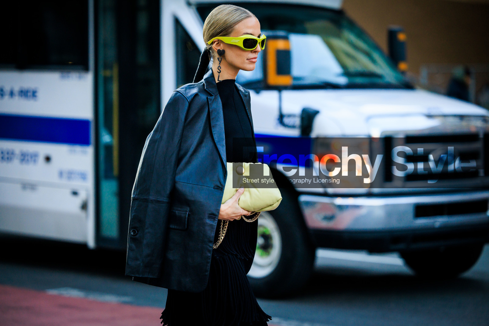 saint laurent logo earrings, puffy green pouch, green sunglasses, black leather jacket, details, hairstyle, leonie hanne, fashion week, frenchystyle, FW, jonathan paciullo, street style, NYFW, NEW YORK, AUTUMN WINTER 2022-2023, FALL WINTER 2022_2023, FW 22-23, atmosphere details, horizontal