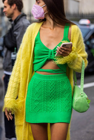 bag, color, color block, facial mask, feathers, fluo green skirt, fluo green top, green bag, jacket, knitted skirt, knitted top, lace up top, long knit, mini skirt, skirt, top, wool jacket, wool skirt, yellow jacket, yellow knit, fashion week, frenchystyle, FW, jonathan paciullo, street style, PFW, PARIS, SPRING SUMMER 2022, SS 22, vertical, atmosphere details