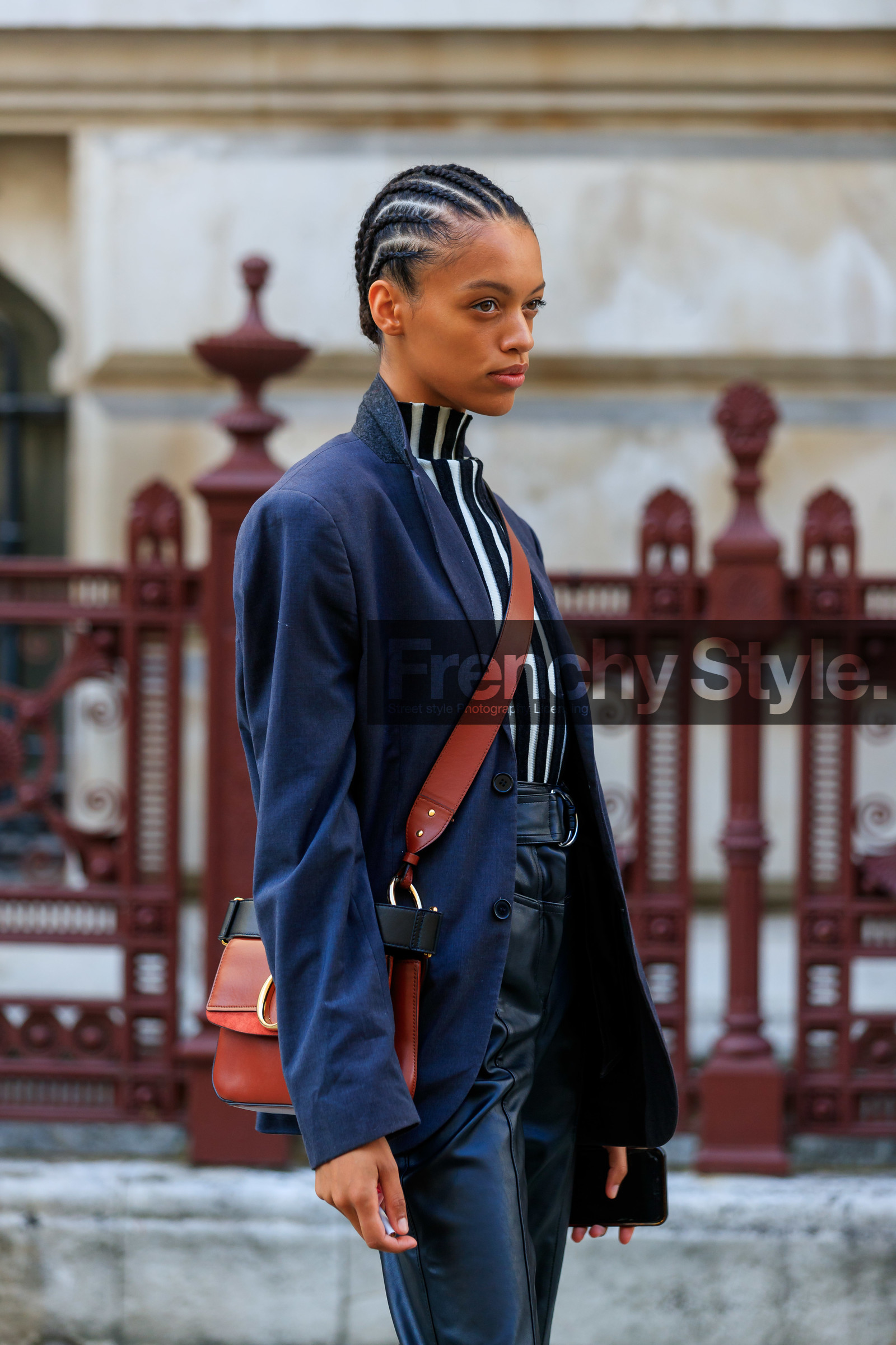 model, navy blue jacket, black leather pants, cropped pants, striped top, black top, white top, turtleneck top, crossbody bag, brown leather bag, chloe bag, hair details, plaited hair, high waist pants, fashion week, frenchystyle, FW, jonathan paciullo, street style, vertical, detail, atmosphere details
