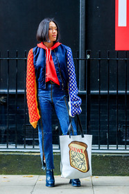 black shoes, blue denim, blue jacket, bomber jacket, denim pants, fashion week, frenchystyle, full length, FW, graphic jacket, high heels, hoodie, jeans, jonathan paciullo, leather bag, leather shoes, LFW, loewe, LONDON, plaid, printed bag, printed jacket, red sweater, SPRING SUMMER 2018, SS 18, street style, Tiffany Hsu, trousers, vertical, white bag, zip