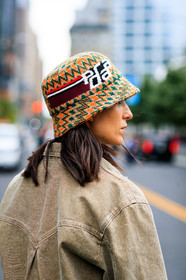 brown denim, deborah reyner sebag, denim shirt, prada, yellow hat, street style, jonathan paciullo, FW, frenchystyle, fashion week, NYFW, NEW YORK, SPRING SUMMER 2019, SS 19, vertical, detail, atmosphere details