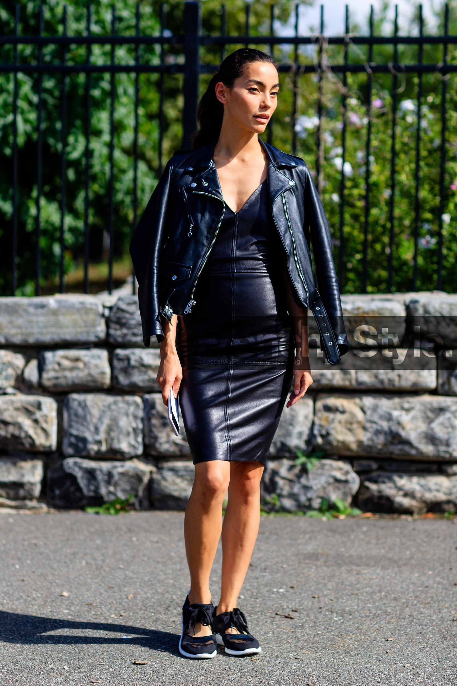 adidas, black dress, black jacket, black perfecto, black sneakers, fashion week, frenchystyle, full length, FW, jonathan paciullo, leather dress, leather jacket, leather perfecto, NEW YORK, NYFW, over the shoulder, SPRING SUMMER 2017, SS 17, street style, vertical, woman