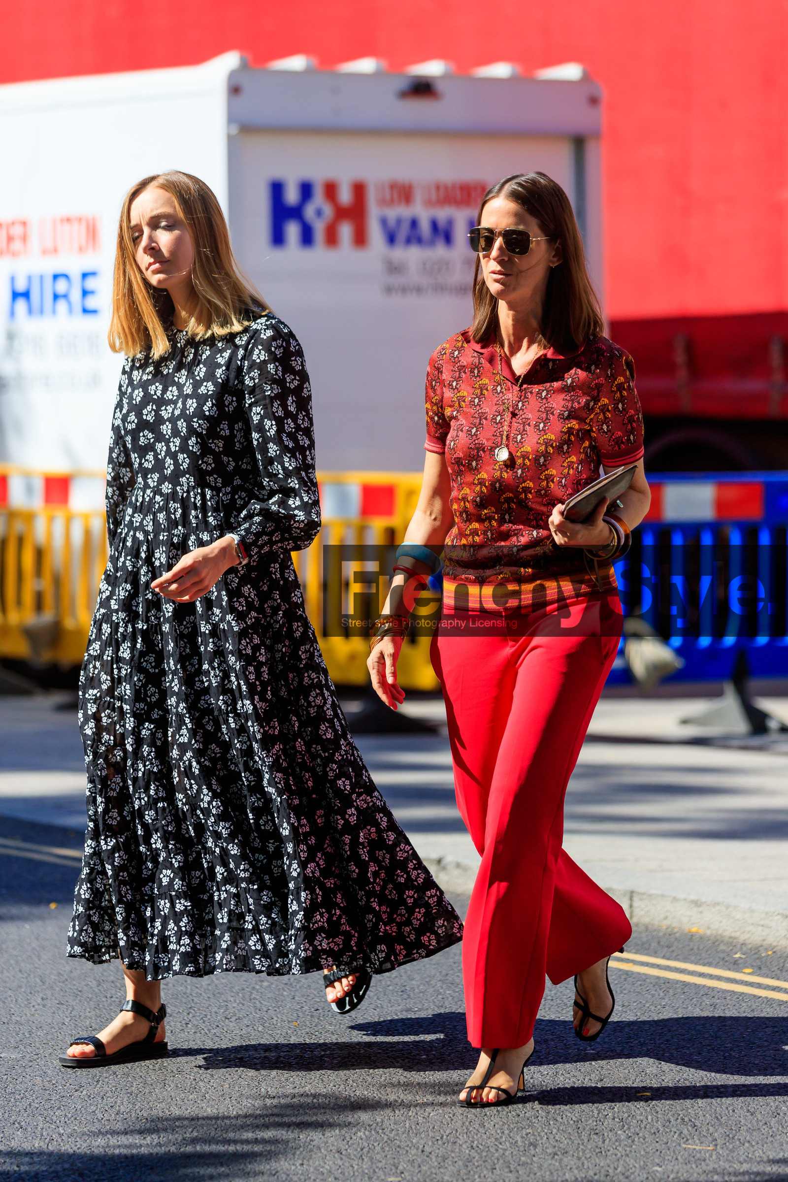 emily zak, floral printed dress, black dress, loose dress, long dress, black sandals, flat sandals, iwatch, aviator sunglasses, metalic frame sunglasses, jacquard polo shirt, red polo shirt, red pants, tailored pants, louis vuitton bag, monogrammed bag, plastic bracelet, blue bracelet, red bracelet, brown scale bracelet, multi bracelet, long necklace, chain necklace, fashion week, frenchystyle, FW, jonathan paciullo, street style, vertical, full length