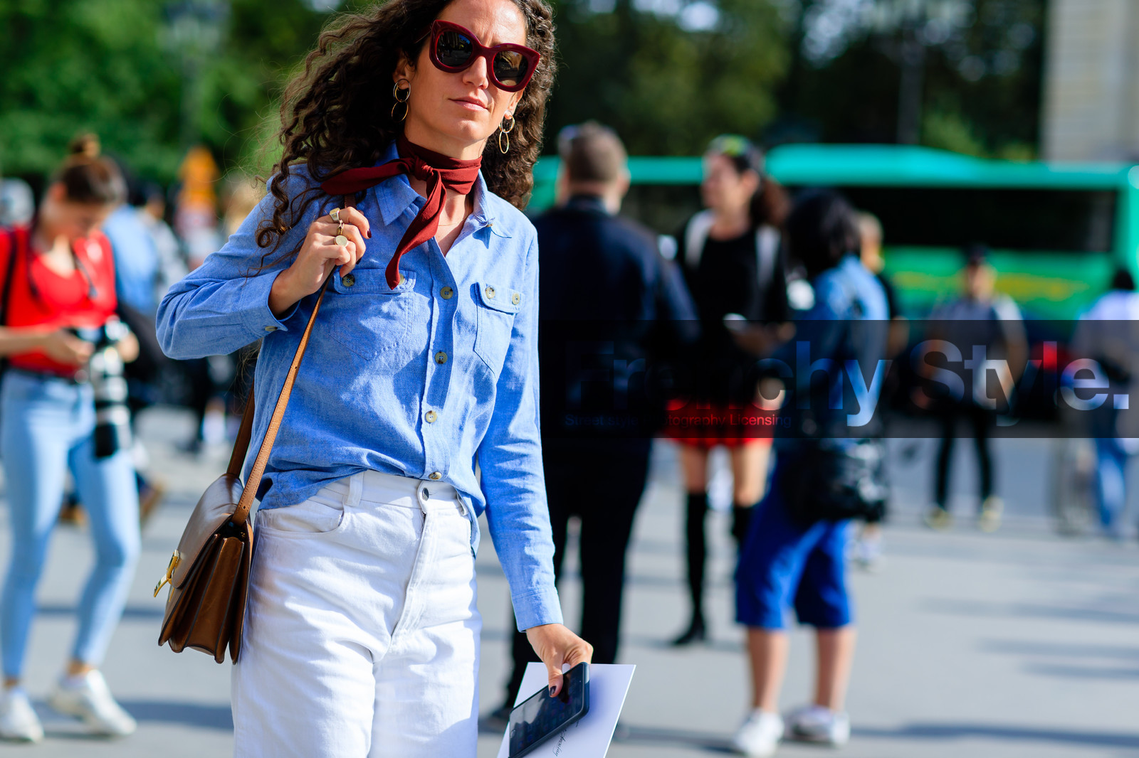 atmosphere details, blue shirt, brown bag, denim pants, detail, fashion week, frenchystyle, FW, horizontal, jeans, jonathan paciullo, leather bag, ondine azoulay, PARIS, PFW, red scarf, SPRING SUMMER 2017, SS 17, street style, sunglasses, trousers, white denim