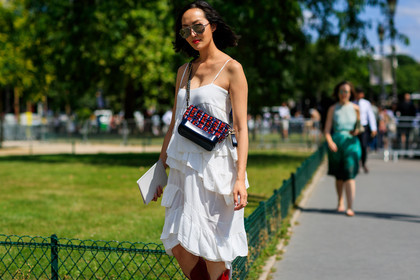 black bag, chanel, graphic bag, leather bag, printed bag, ruffles, sunglasses, tweed bag, white dress, fashion week, frenchystyle, FW, jonathan paciullo, street style, PFW, PARIS, horizontal, atmosphere details, detail, AUTUMN WINTER 2018-2019, FALL WINTER 2018-2019, FW 18-19