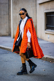 bag, black bag, black boots, black skirt, black sunglasses, boots, dior bag, leather boots, mini skirt, orange poncho, poncho, quilted bag, shirt, skirt, sunglasses, white shirt, street style, jonathan paciullo, FW, frenchystyle, fashion week, PFW, PARIS, SPRING SUMMER 2022, SS 22, vertical, full length