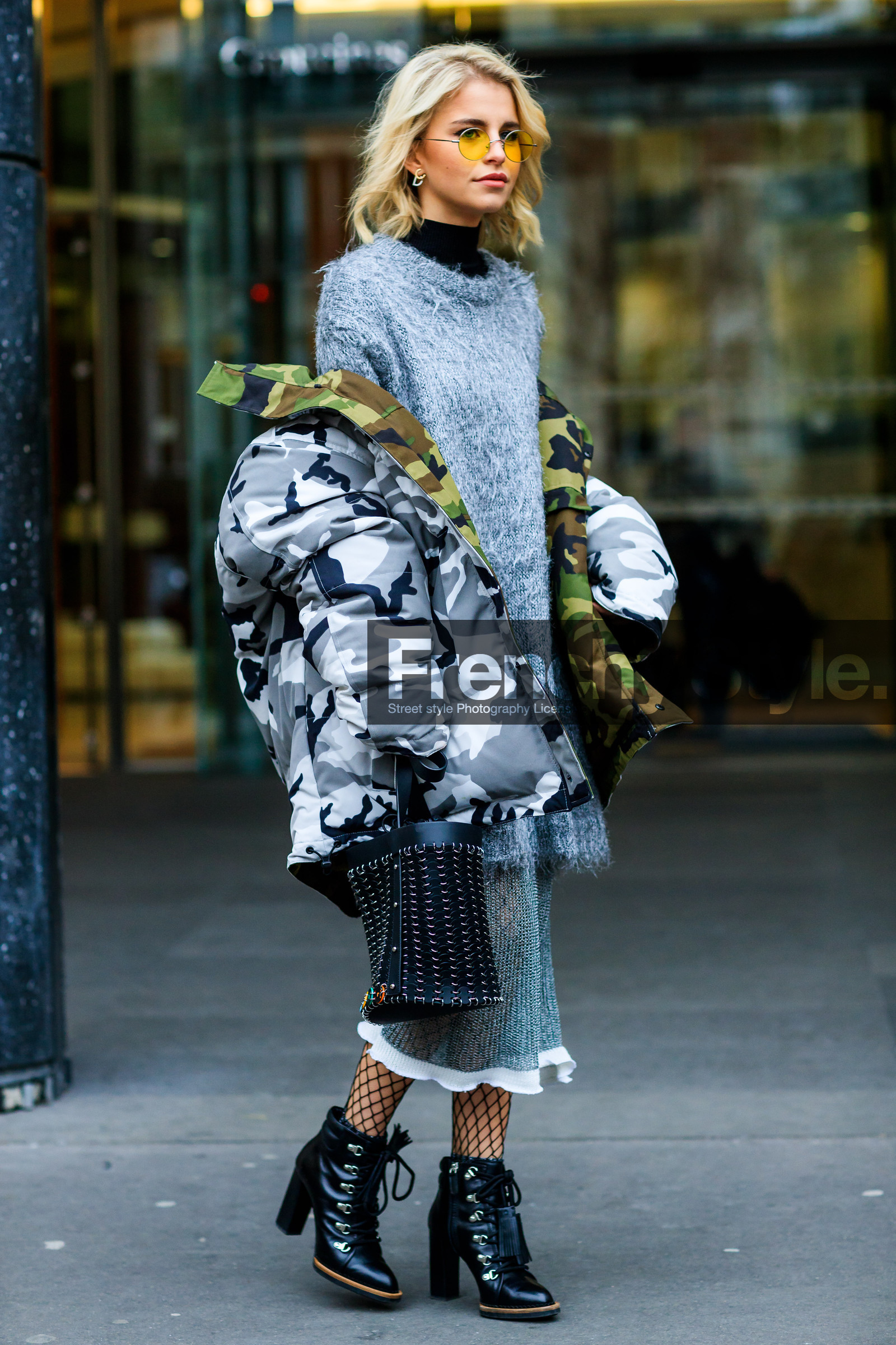 black bag, black boots, black shoes, camo jacket, camouflage, cashmere, down jacket, fishnet, grey jacket, grey skirt, grey sweater, high heels, leather bag, leather shoes, military jacket, off the shoulder, printed jacket, see through, studs, sunglasses, tights, fashion week, frenchystyle, FW, jonathan paciullo, street style, PFW, PARIS, SPRING SUMMER 2017, SS 17, HAUTE COUTURE, vertical, full length, caro daur