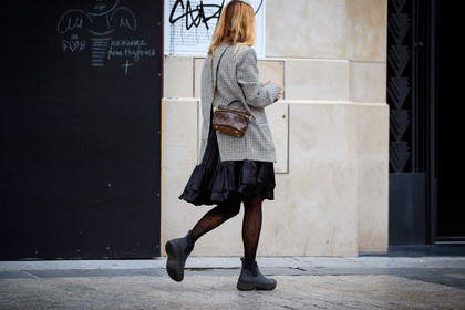 alexandra golovanoff, oversize jacket, checked jacket, beige jacket, black dress, black tights, black boots, ruffle dress, rain boots, low boots, plastic boots, chelsea boots, monogrammed tights, plumetis tights, crossbody bag, monogrammed bag, brown leather bag, round shape bag, box bag, zipped bag, kaki bag, satin dress, back details, louis vuitton bag, PARIS, PFW, fashion week, frenchystyle, FW, jonathan paciullo, street style, SPRING SUMMER 2021, SS 21, horizontal, atmosphere details, full length
