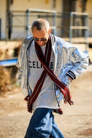 sparkling jacket, celine shirt, logo shirt, red scarf, sunglasses, silver jacket, denim pants, classics jeans, fashion week, frenchystyle, FW, jonathan paciullo, street style, vertical, atmosphere details, detail