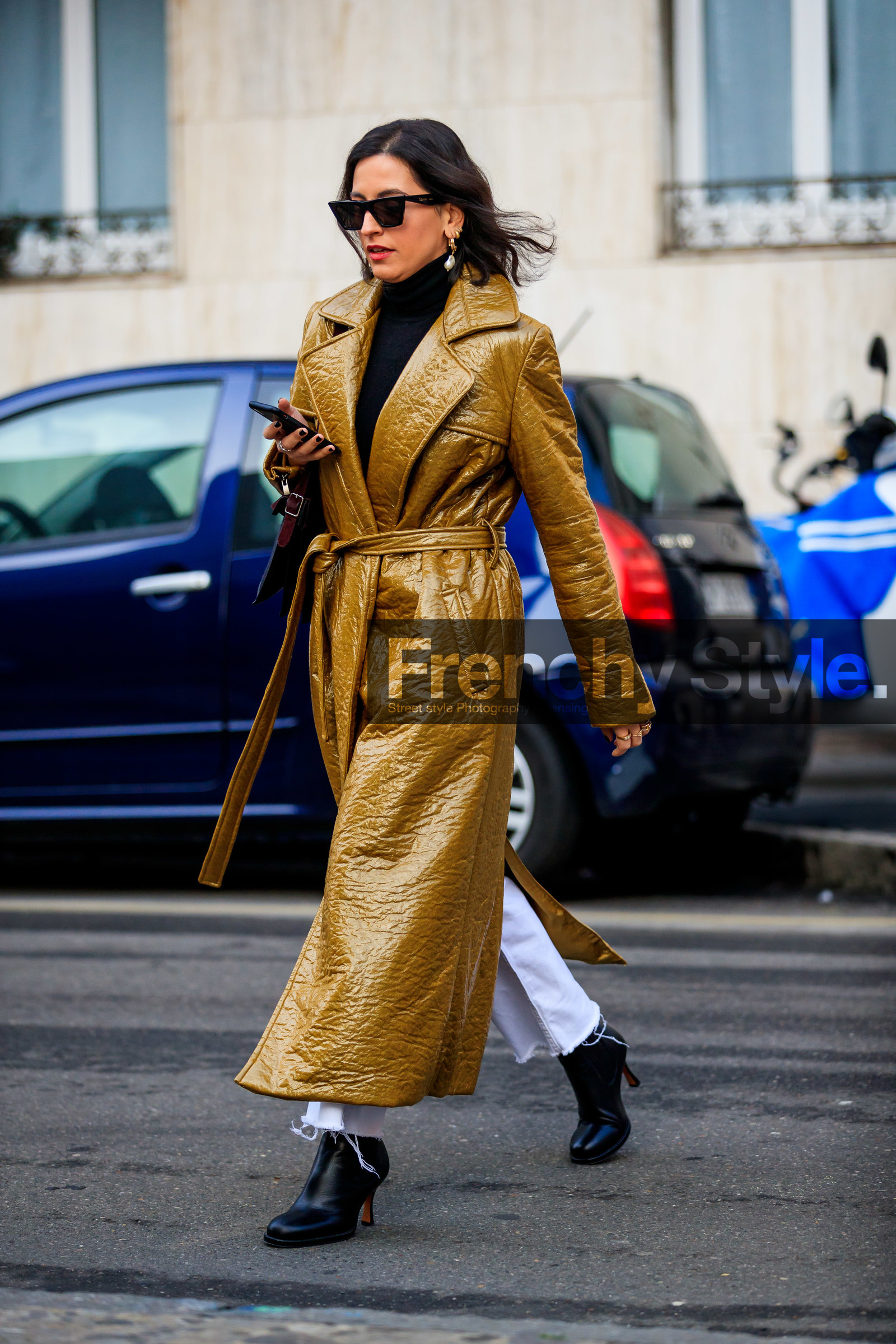 black shoes, black turtleneck, camel coat, earrings, high heels, leather coat, leather shoes, pearls, sunglasses, trench coat, trousers, fashion week, frenchystyle, FW, jonathan paciullo, street style, MFW, MILAN, AUTUMN WINTER 2019-2020, AW 19-20, FALL WINTER 2019-2020, FW 19-20, vertical, full length