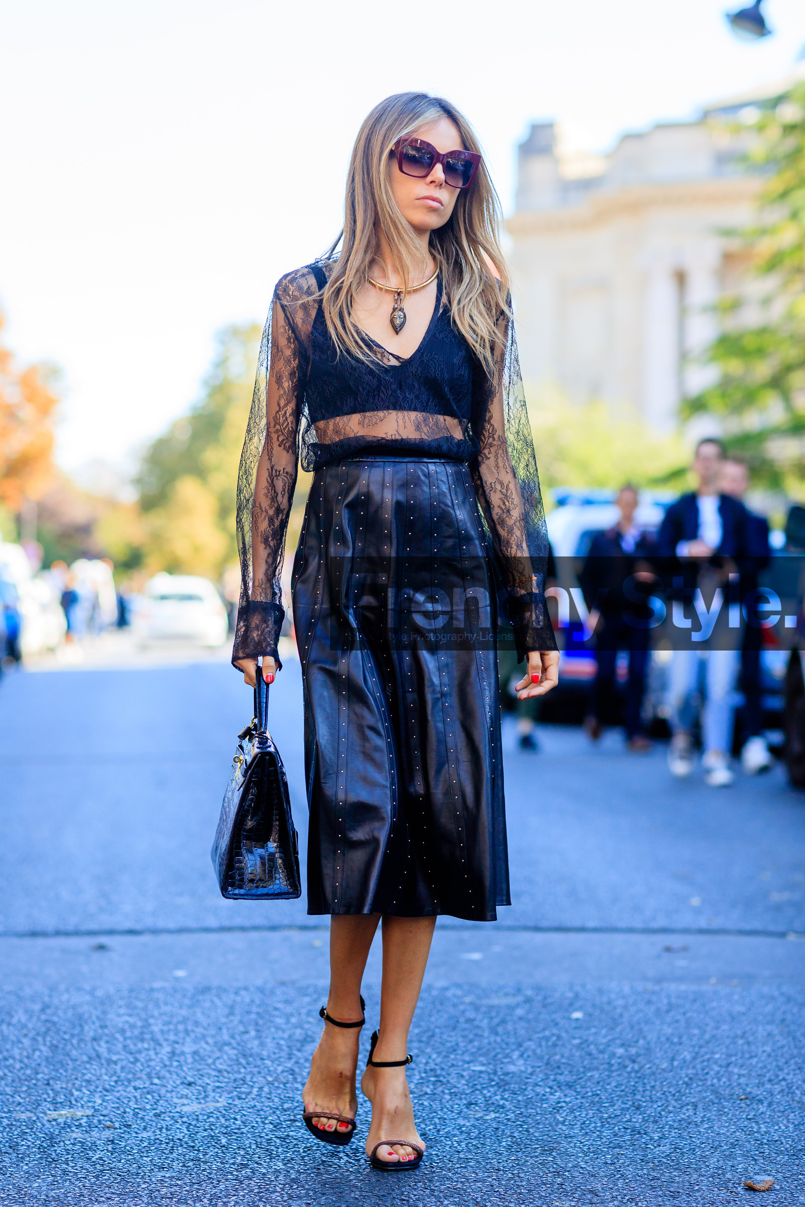 black bag, black bra, black shoes, black skirt, black top, erica pelosini, fashion week, frenchystyle, full length, FW, high heels, jonathan paciullo, lace top, leather bag, leather shoes, leather skirt, necklace, PARIS, PFW, see through, SPRING SUMMER 2017, SS 17, street style, sunglasses, vertical