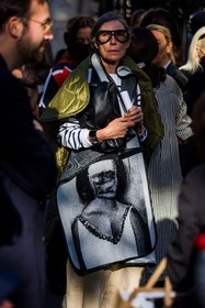 bag, black bag, grey scarf, hermes bracelet, leather bag, oversize sunglasses, print, printed scarf, scarf, striped top, stripes, sunglasses, street style, jonathan paciullo, FW, frenchystyle, fashion week, PFW, PARIS, SPRING SUMMER 2022, SS 22, vertical, atmosphere details