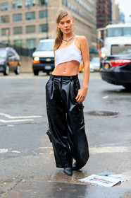black pants, black shoes, crop top, leather pants, leather shoes, necklace, trousers, white tank top, wide pants, fashion week, frenchystyle, FW, jonathan paciullo, street style, NEW YORK, NYFW, SPRING SUMMER 2020, SS 20, vertical, full length