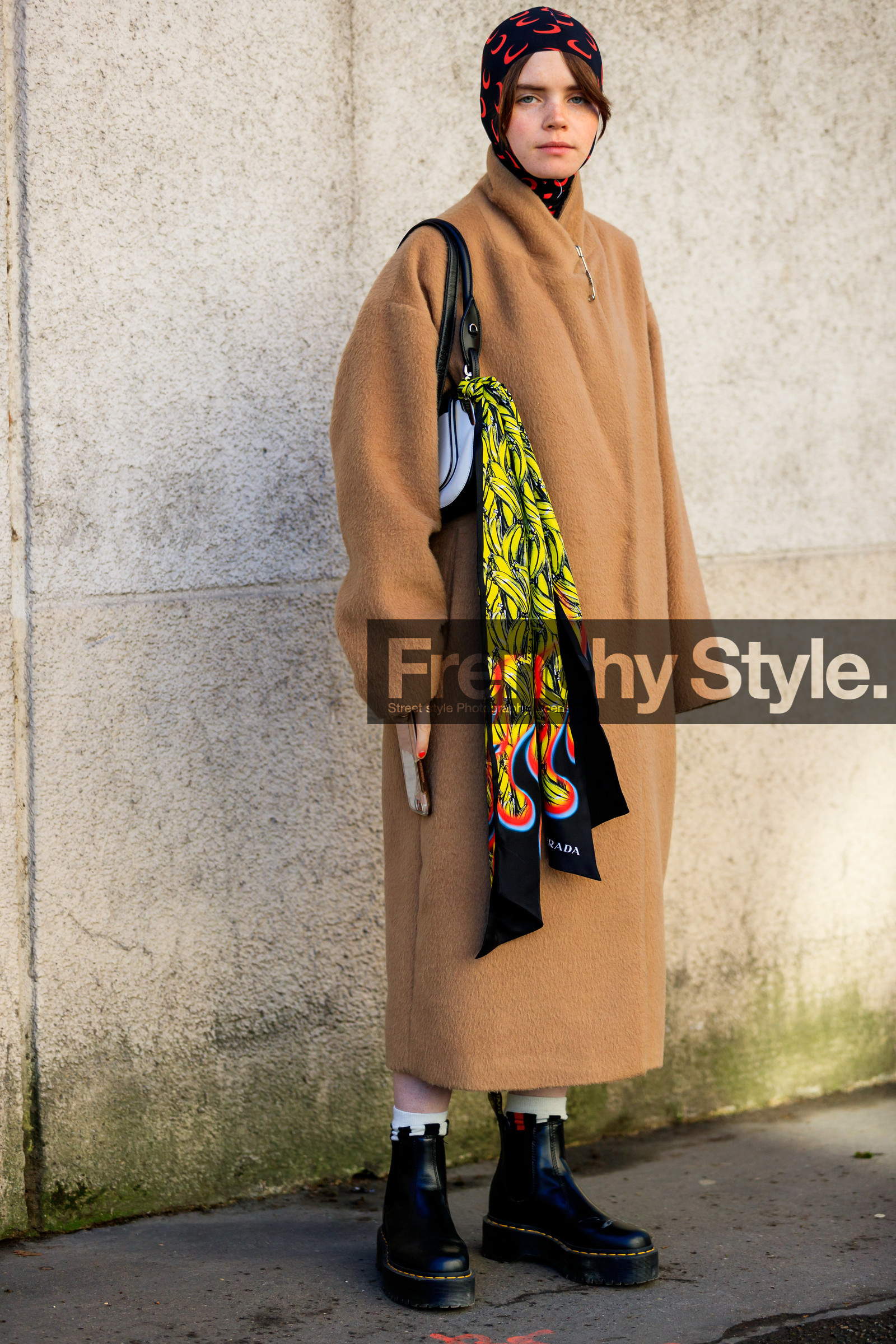 beige jacket, black and white bag, black scarf, black shoes, camel coat, headscarf, leather bag, leather shoes, marine serre, molly and reese blustein, prada, yellow scarf, fashion week, frenchystyle, FW, jonathan paciullo, street style, PFW, PARIS, AUTUMN WINTER 2019-2020, AW 19-20, FALL WINTER 2019-2020, FW 19-20, vertical, full length