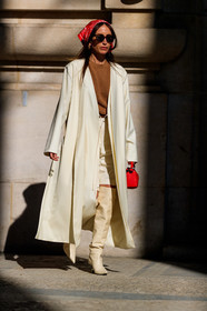 camel sweater, chloe loulou de saison, headscarf, high boots, high heels, leather shoes, red bandana, sunglasses, white coat, white shoes, white shorts, PARIS, PFW, street style, jonathan paciullo, FW, frenchystyle, fashion week, AUTUMN WINTER 2019-2020, AW 19-20, FALL WINTER 2019-2020, FW 19-20, vertical, full length