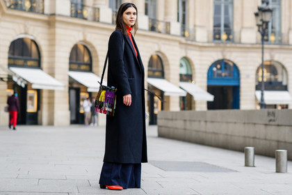 black coat, fringes, graphic bag, leather bag, multicolor bag, overcoat, red shoes, red sweater, trousers, fashion week, frenchystyle, FW, jonathan paciullo, street style, PFW, PARIS, SPRING SUMMER 2017, SS 17, HAUTE COUTURE, atmosphere details, full length, horizontal, model