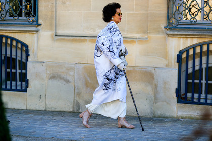 black and white, christian dior, earrings, floral, graphic jacket, leather shoes, pink shoes, printed jacket, sunglasses, white coat, fashion week, frenchystyle, FW, jonathan paciullo, street style, PFW, PARIS, AUTUMN WINTER 2019-2020, AW 19-20, FALL WINTER 2019-2020, FW 19-20, horizontal, atmosphere details, full length