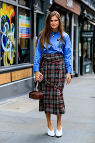 blue shirt, brown bag, checked, graphic skirt, grey skirt, high heels, leather bag, leather shoes, plaid, printed skirt, rejina pyo, tartan, white shoes, fashion week, frenchystyle, FW, jonathan paciullo, street style, LFW, LONDON, SPRING SUMMER 2019, SS 19, vertical, full length