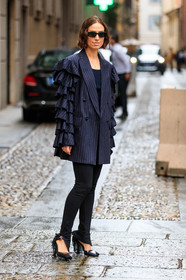 navy blue jacket, striped jacket, ruffle jacket, black pants, slim fit pants, black leather shoes, mary jane shoes, fringe shoes, black sunglasses, square shape glasses, erika boldrin, street style, jonathan paciullo, FW, frenchystyle, fashion week, MFW, MILAN, SPRING SUMMER 2021, SS 21, vertical, full length