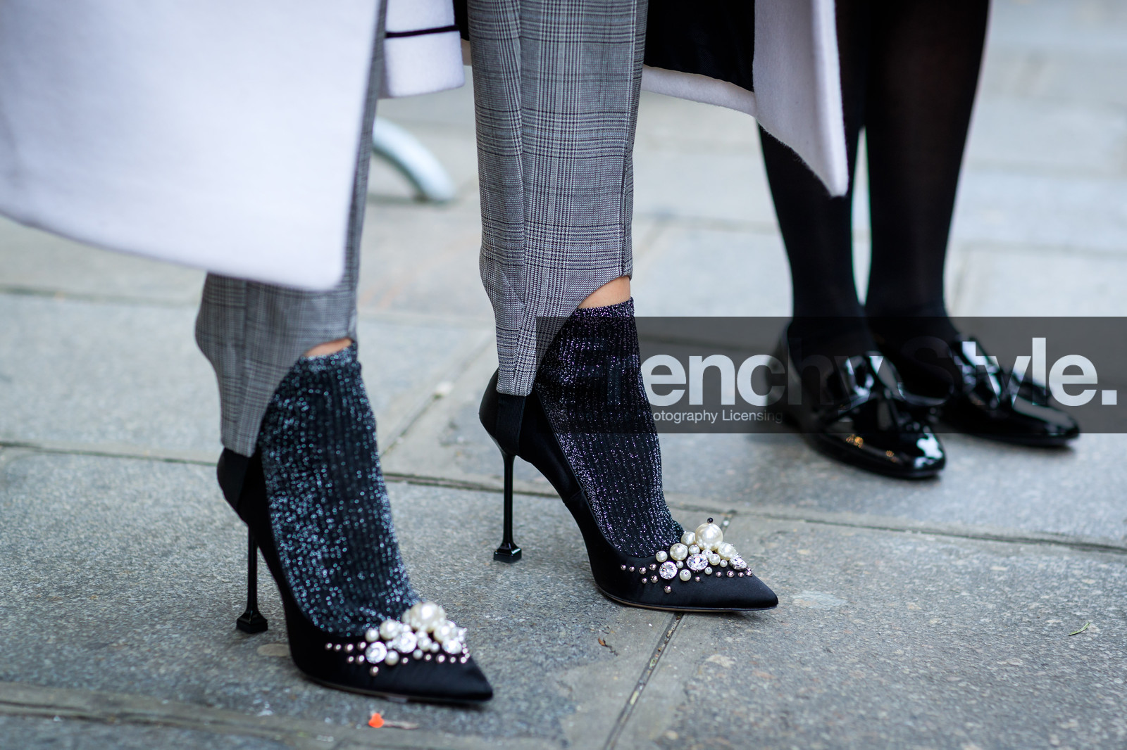 black shoes, checked pants, embroidered shoes, grey pants, high heels, leather shoes, miu miu, overcoat, pearls, shiny shoes, shiny socks, stir pants, trousers, white coat, fashion week, frenchystyle, FW, jonathan paciullo, street style, PFW, PARIS, SPRING SUMMER 2017, SS 17, HAUTE COUTURE, atmosphere details, detail, horizontal, caro daur