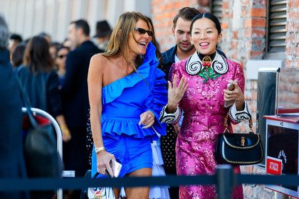 alanna arrington, anna dello russo, asymetric, atmosphere details, black bag, blue dress, choker, detail, fashion week, floral, flowers, frenchystyle, FW, glitter, graphic dress, gucci, horizontal, jonathan paciullo, leather bag, MFW, MILAN, necklace, one shoulder, pink dress, pleats, printed dress, sequined dress, SPRING SUMMER 2018, SS 18, street style, sunglasses, tina leung, white bag
