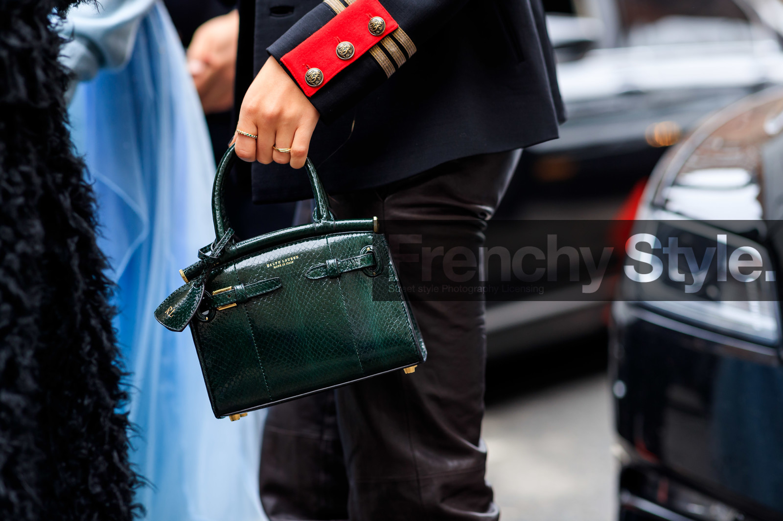 black jacket, black pants, green bag, leather bag, leather pants, ralph lauren, trousers, xenia adonts, frenchystyle, jonathan paciullo, street style, NYFW, NEW YORK, AUTUMN WINTER 2019-2020, AW 19-20, FALL WINTER 2019-2020, FW 19-20, fashion week, FW, atmosphere details, horizontal, detail