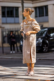 beige dress, clutch, dress, Jenny M Walton, necklace, off-shoulder dress, pink socks, sandals, silver sandals, socks, statement dress, strass, studs, white clutch, fashion week, frenchystyle, FW, jonathan paciullo, street style, PFW, PARIS, SPRING SUMMER 2022, SS 22, vertical, full length