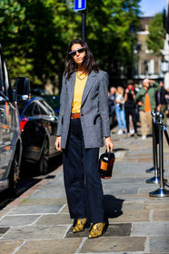 animal print, blazer, blue denim, deborah reyner sebag, denim pants, graphic bag, graphic jacket, grey jacket, high heels, jeans, leather bag, leather shoes, multicolor bag, patchwork, printed bag, printed jacket, red belt, snake print, sunglasses, trousers, yellow boots, yellow sweater, fashion week, frenchystyle, FW, jonathan paciullo, street style, LFW, LONDON, SPRING SUMMER 2019, SS 19, vertical, full length
