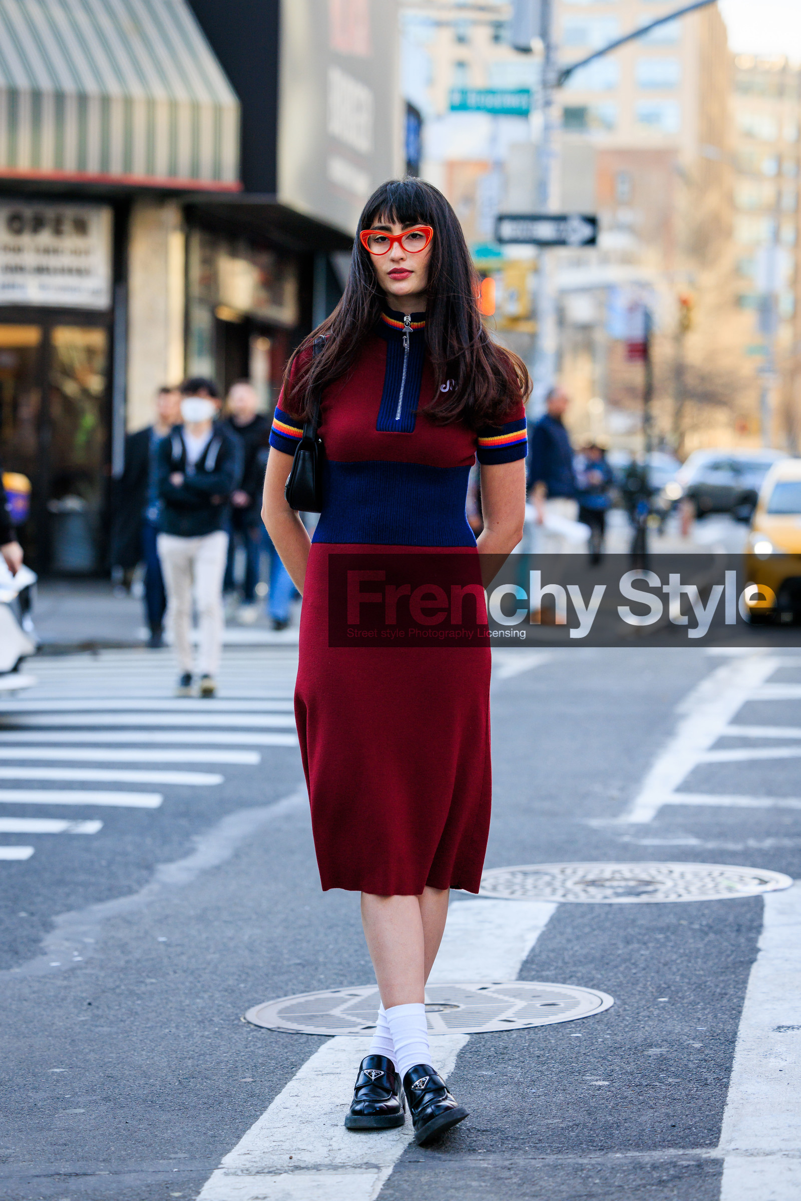 vienna skye, red glasses, prada derbies, prada shoes, black derbies, leather derbies, white socks, black leather midi skirt, fringe hair, black handbag, small bag, zipped neck dress, fashion week, frenchystyle, FW, jonathan paciullo, street style, NYFW, NEW YORK, AUTUMN WINTER 2022-2023, FALL WINTER 2022_2023, FW 22-23, vertical, full length