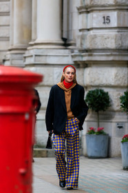 black bag, black jacket, blue pants, camel sweater, checked, flora macdonald johnston, gingham, graphic pants, headband, hoodie, leather bag, plaid, printed pants, red turtleneck, trousers, yellow pants, street style, jonathan paciullo, FW, frenchystyle, fashion week, LFW, LONDON, AUTUMN WINTER 2019-2020, AW 19-20, FW 19-20, FALL WINTER 2019-2020, vertical, full length