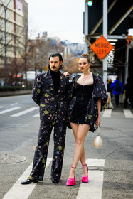 mini black dress, zipped mini dress, couples matching, high bow tail, pendant earring, printed jacket, flowered jacket, flower suit, printed suit, black turtleneck, satin pumps, satin plaftorms, platform heels, pink platforms, printed pants, bkac mocassins, leather mocassins, straight cut pants, young emperors, street style, jonathan paciullo, FW, frenchystyle, fashion week, NYFW, NEW YORK, AUTUMN WINTER 2022-2023, FALL WINTER 2022_2023, FW 22-23, vertical, full length