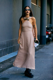 black sunglasses, square shape glasses, nude dress, sleeveless dress, nude cape, long dress, black leather boots, wedge boots, flat boots, big sole boots, big necklace, golden necklace, blue necklace, strassed necklace, valentino dress, valentino necklace, gilda ambrosio, street style, jonathan paciullo, FW, frenchystyle, fashion week, MFW, MILAN, SPRING SUMMER 2021, SS 21, vertical, full length
