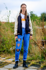 black boots, black jacket, blue denim, bomber jacket, denim pants, dr martens, fashion week, frenchystyle, full length, FW, jeans, jonathan paciullo, laser cut, leather shoes, liza ostanina, MFW, MILAN, model, printed t shirt, SPRING SUMMER 2017, SS 17, street style, trousers, vertical, white t shirt