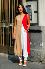 beige dress, graphic dress, high heels, leather shoes, nausheen shah, necklace, printed dress, red dress, sweatpants, watch, white pants, white shoes, fashion week, frenchystyle, FW, jonathan paciullo, street style, MFW, MILAN, SPRING SUMMER 2019, SS 19, vertical, full length