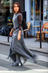 geraldine boublil, grey pullover, grey skirt, sleeveless pullover, fringe pullover, fringe skirt, long skirt, knit skirt, knitwear, fishnet top, sheer top, black top, black leather belt, black leather bag, embroidered bag, shopping bag, shoulder bag, silvered buckle belt, belted pullover, big buckle belt, paco rabanne bag, paco rabanne belt, grey boots, woolen boots, PARIS, PFW, fashion week, frenchystyle, FW, jonathan paciullo, street style, SPRING SUMMER 2021, SS 21, vertical, full length