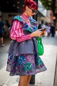 Eve Lily, print, flower dress, flowered dress, plaid shirt, ruffles, handbag, green, pink, sunglasses, earrings, necklace, fashion week, frenchystyle, FW, jonathan paciullo, street style, SPRING SUMMER 2022, SS 22, LFW, LONDON, vertical, atmosphere details, detail